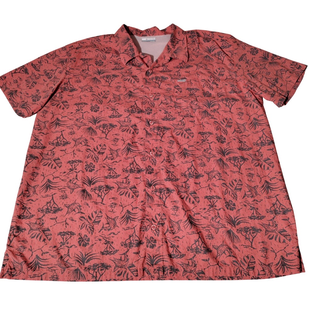 Columbia PFG Mens XXL Salmon Pink Marlin Print Fishing Shirt Short Sleeve